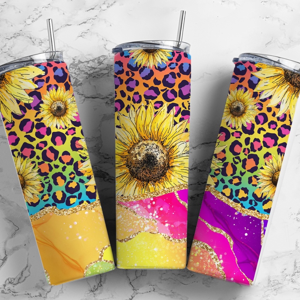 Handmade Multi Color Leopard Print With Sunflowers 20oz Skinny Tumbler